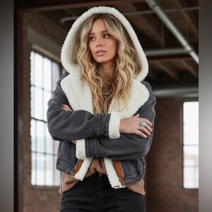 We The Free by Free People Perry Hooded Denim Jacket Vegan Suede